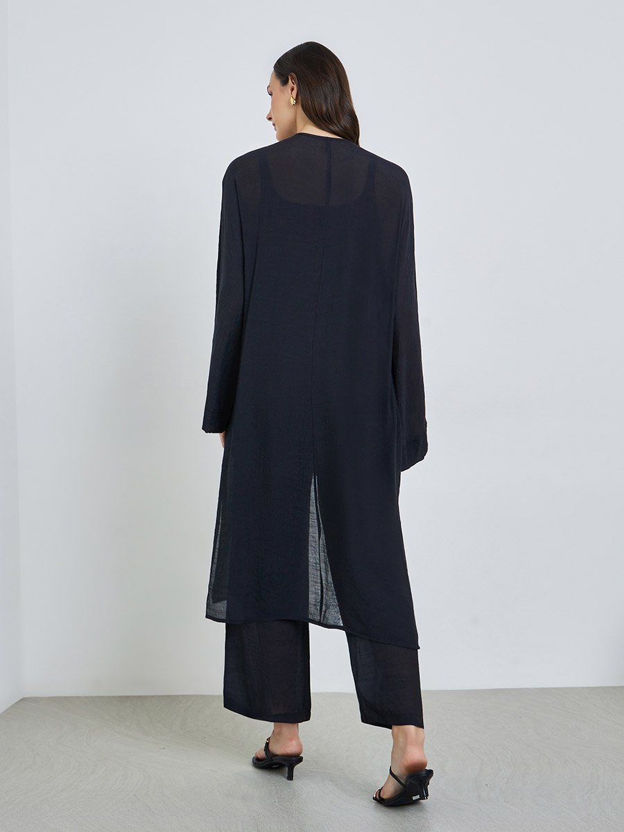 Black Open Front Kimono and Solid Pants Co-Ords