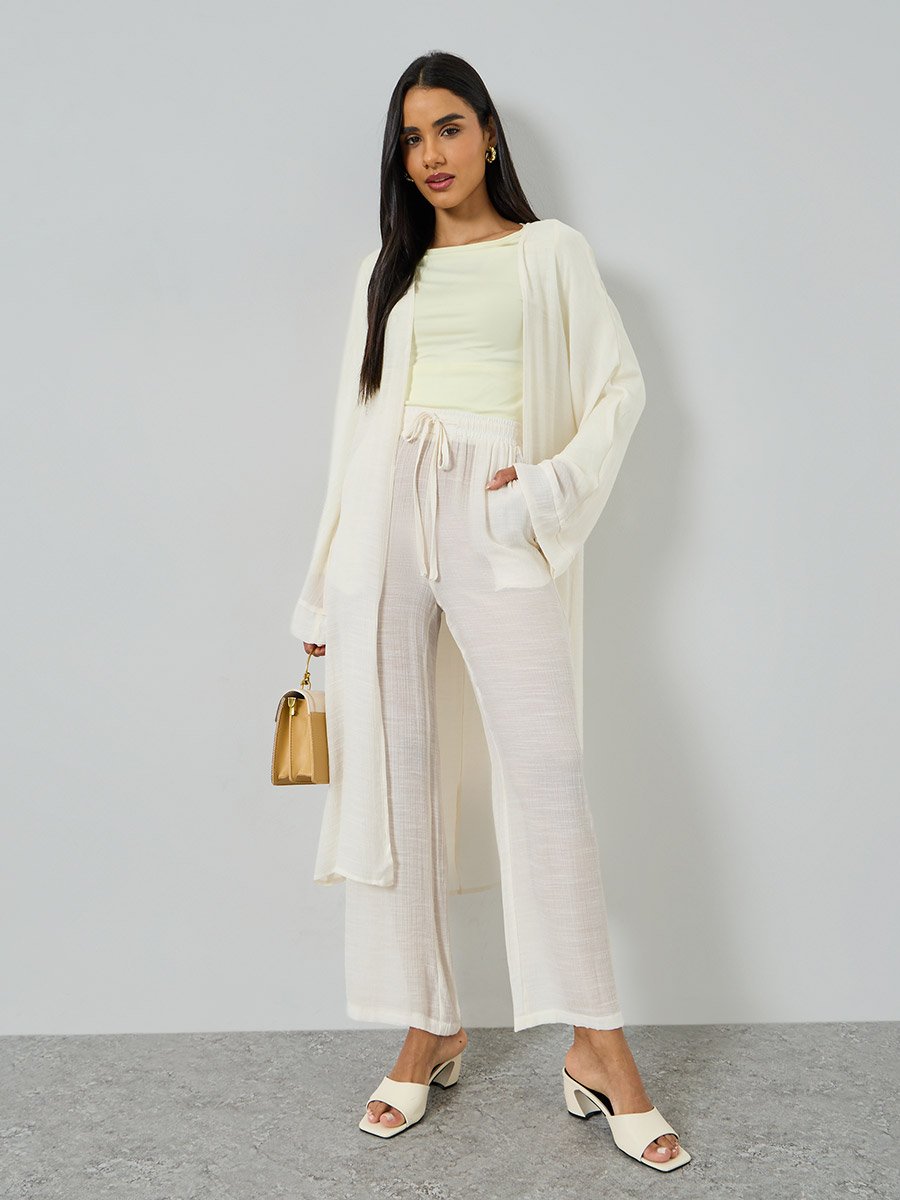 Off White Open Front Kimono and Solid Pants Co-Ords