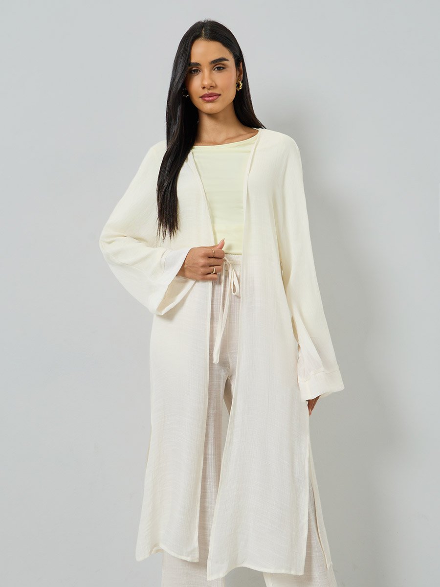 Off White Open Front Kimono and Solid Pants Co-Ords