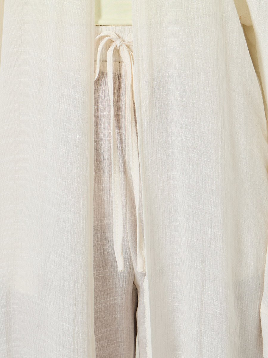 Off White Open Front Kimono and Solid Pants Co-Ords