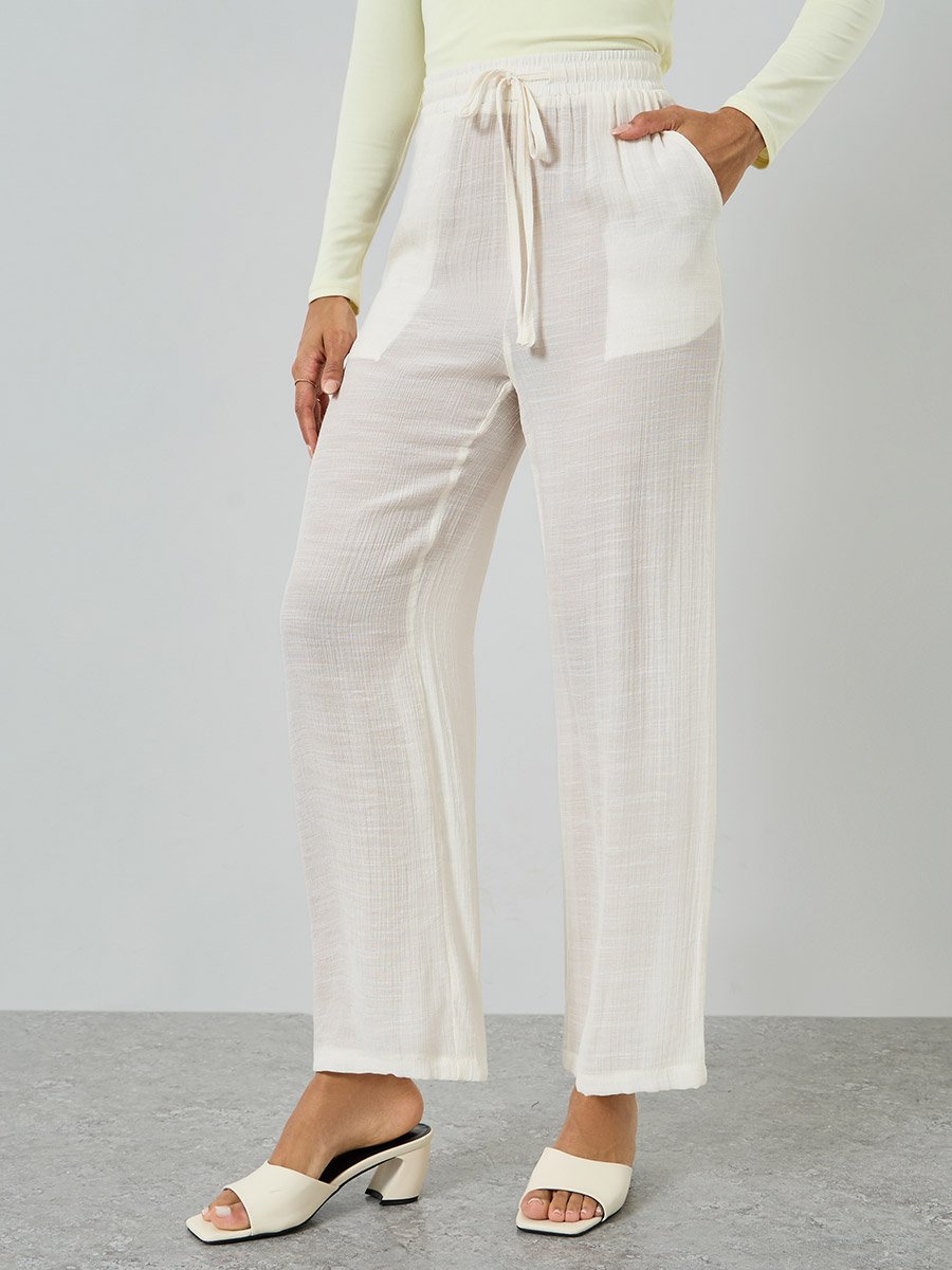 Off White Open Front Kimono and Solid Pants Co-Ords