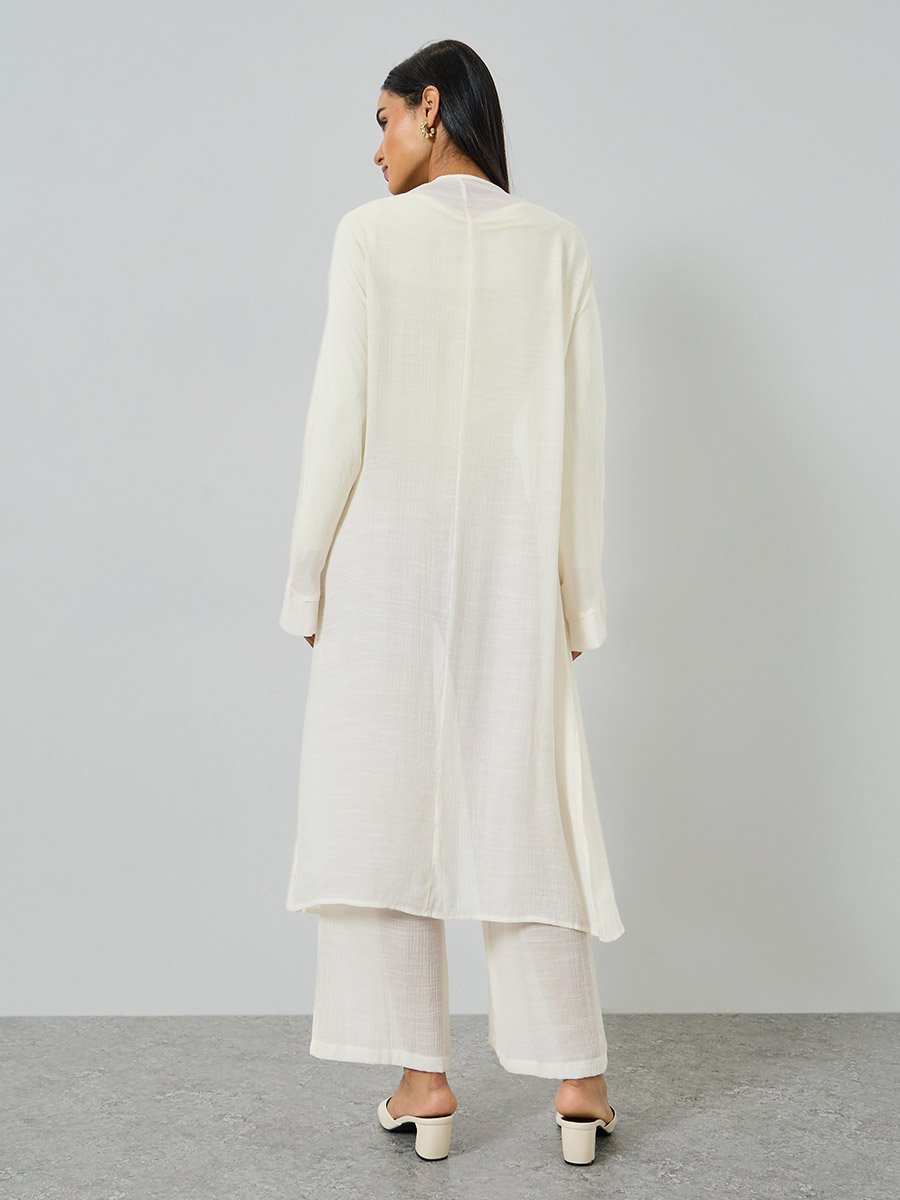 Off White Open Front Kimono and Solid Pants Co-Ords