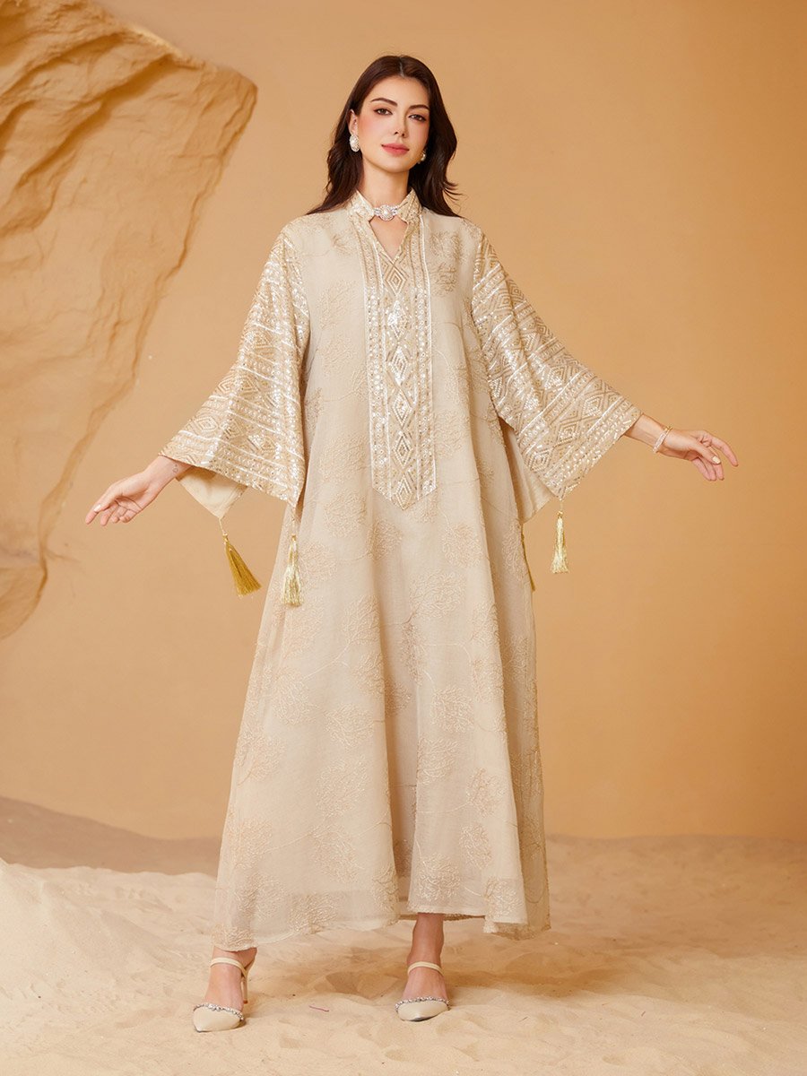 Beige Textured Sequins Embellished Jalabiya