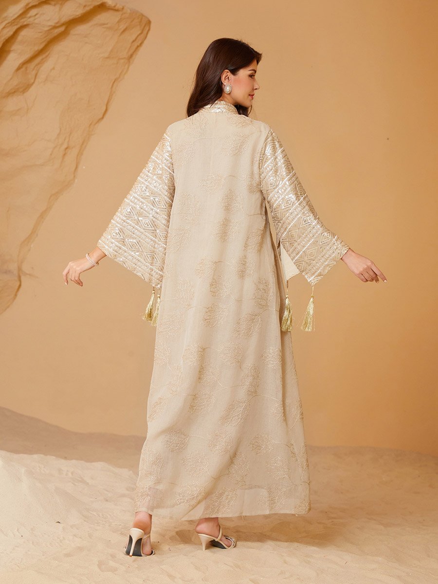 Beige Textured Sequins Embellished Jalabiya