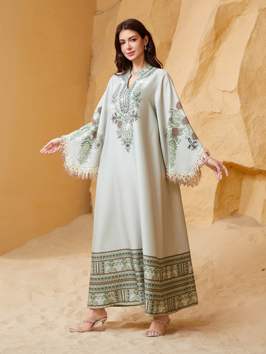 Embroidered Beaded Sleeve Tassel Jalabiya