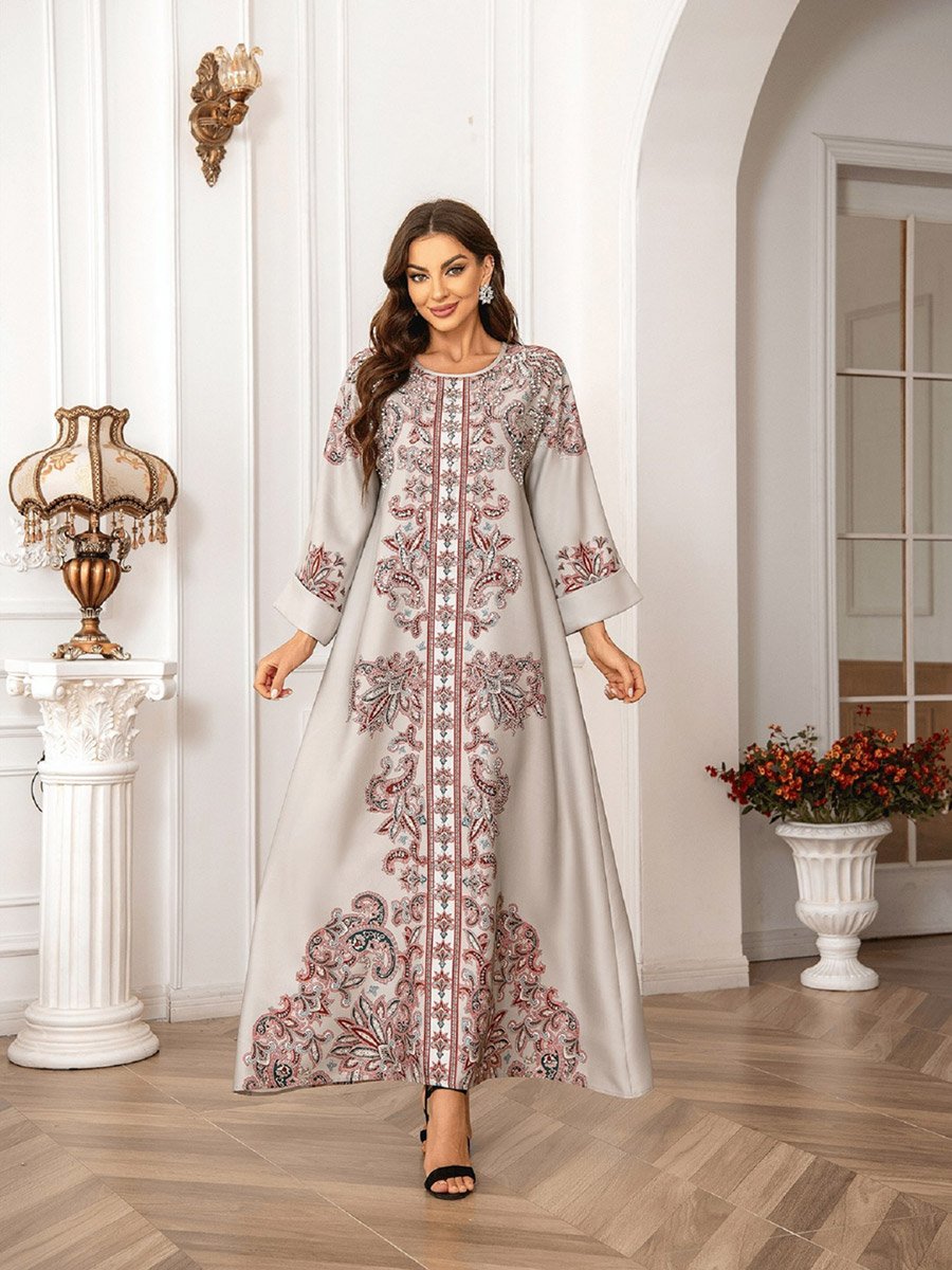 Floral Print Embellished Faux Pearl Detail Jalabiya
