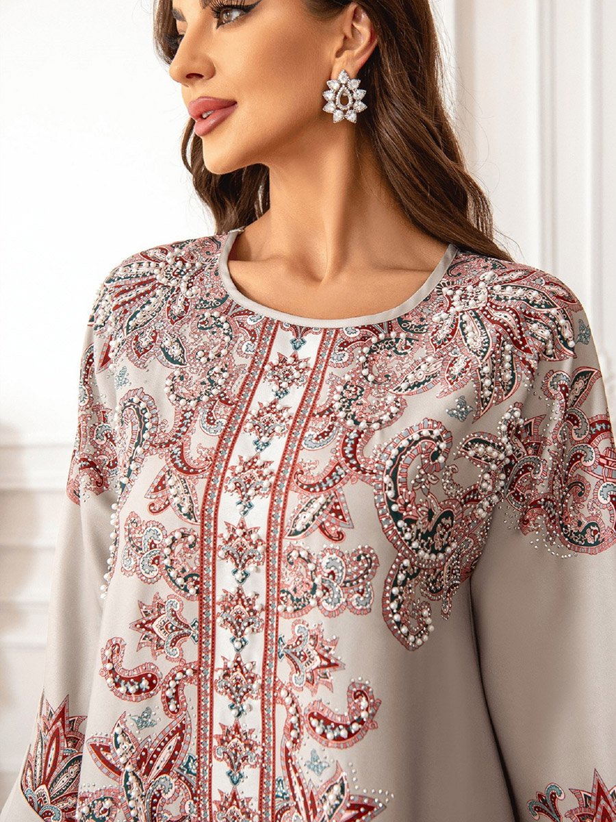 Floral Print Embellished Faux Pearl Detail Jalabiya