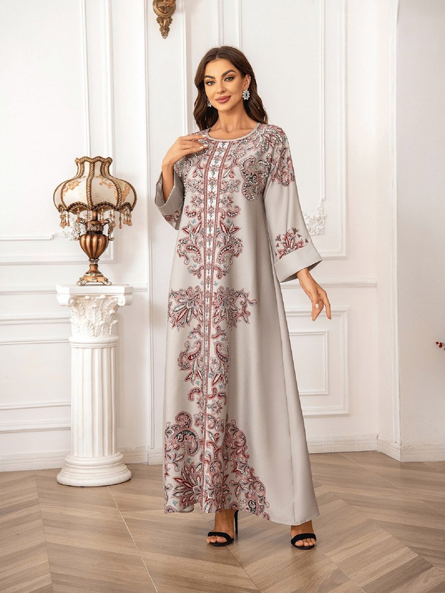 Floral Print Embellished Faux Pearl Detail Jalabiya