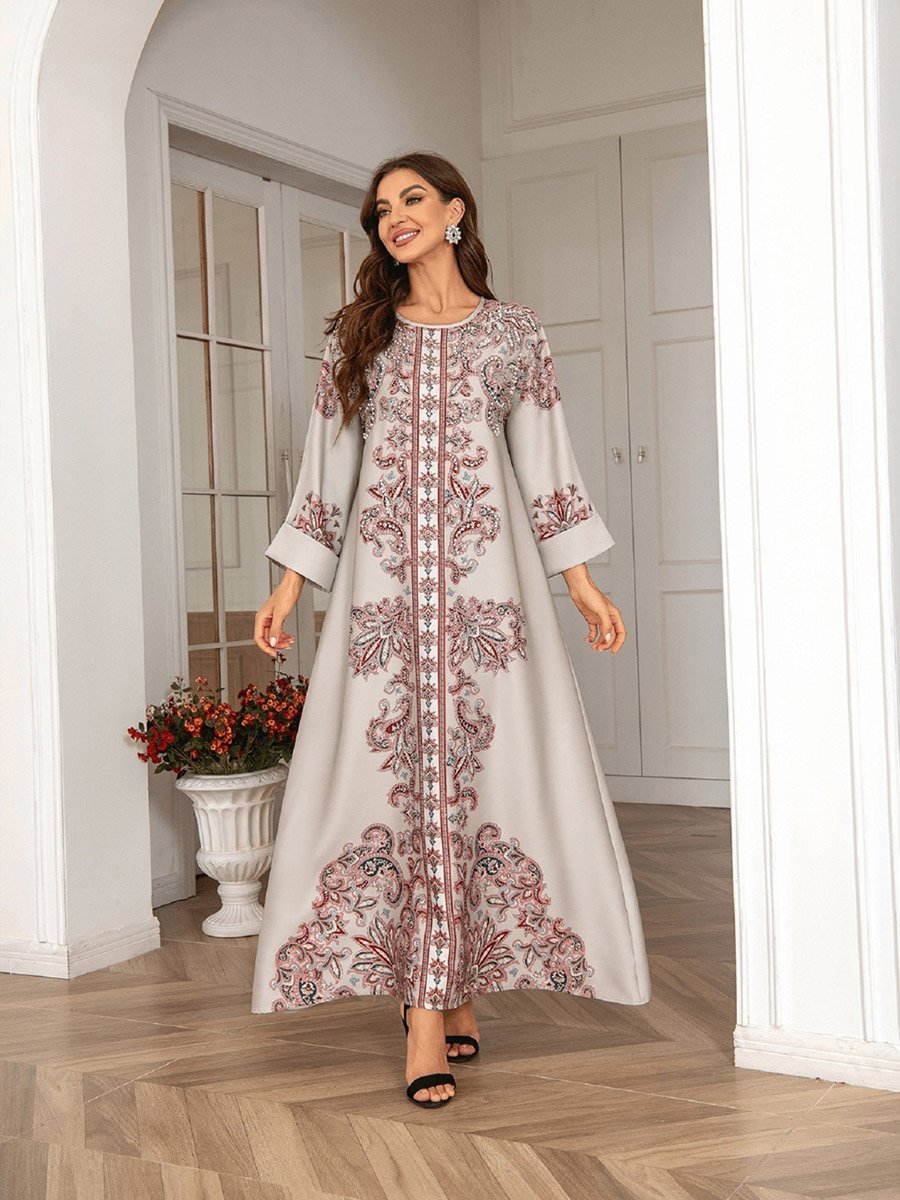 Floral Print Embellished Faux Pearl Detail Jalabiya