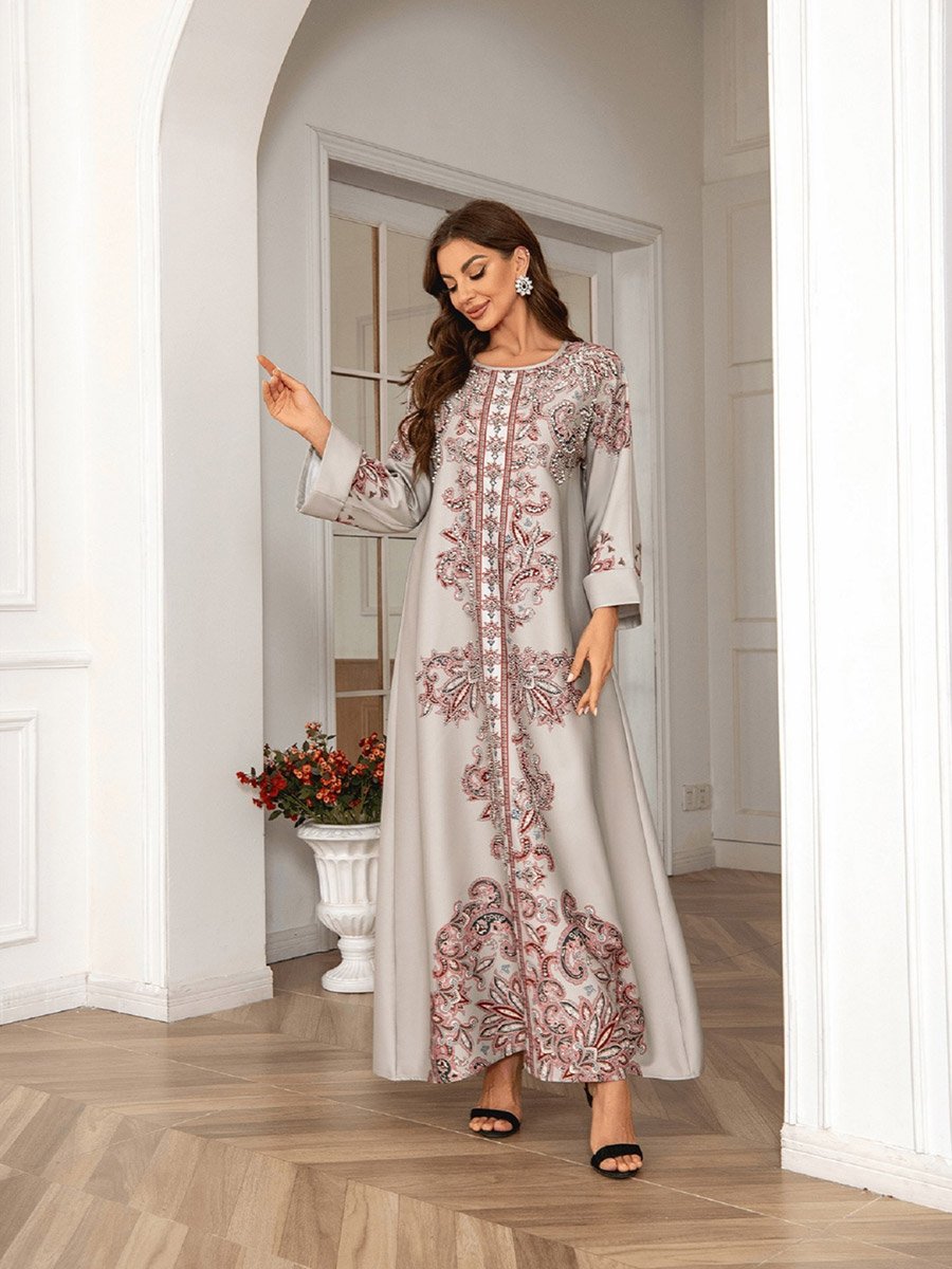 Floral Print Embellished Faux Pearl Detail Jalabiya