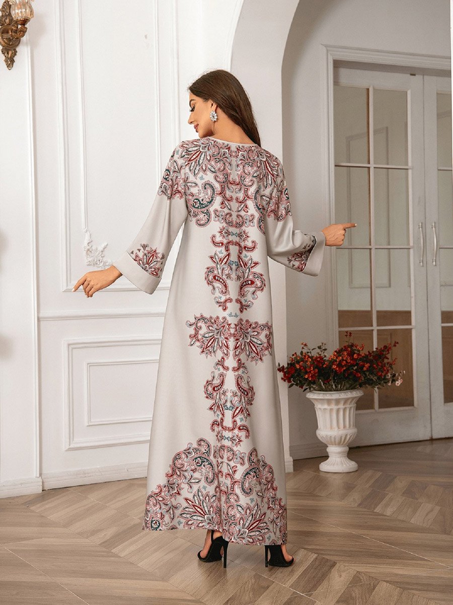 Floral Print Embellished Faux Pearl Detail Jalabiya