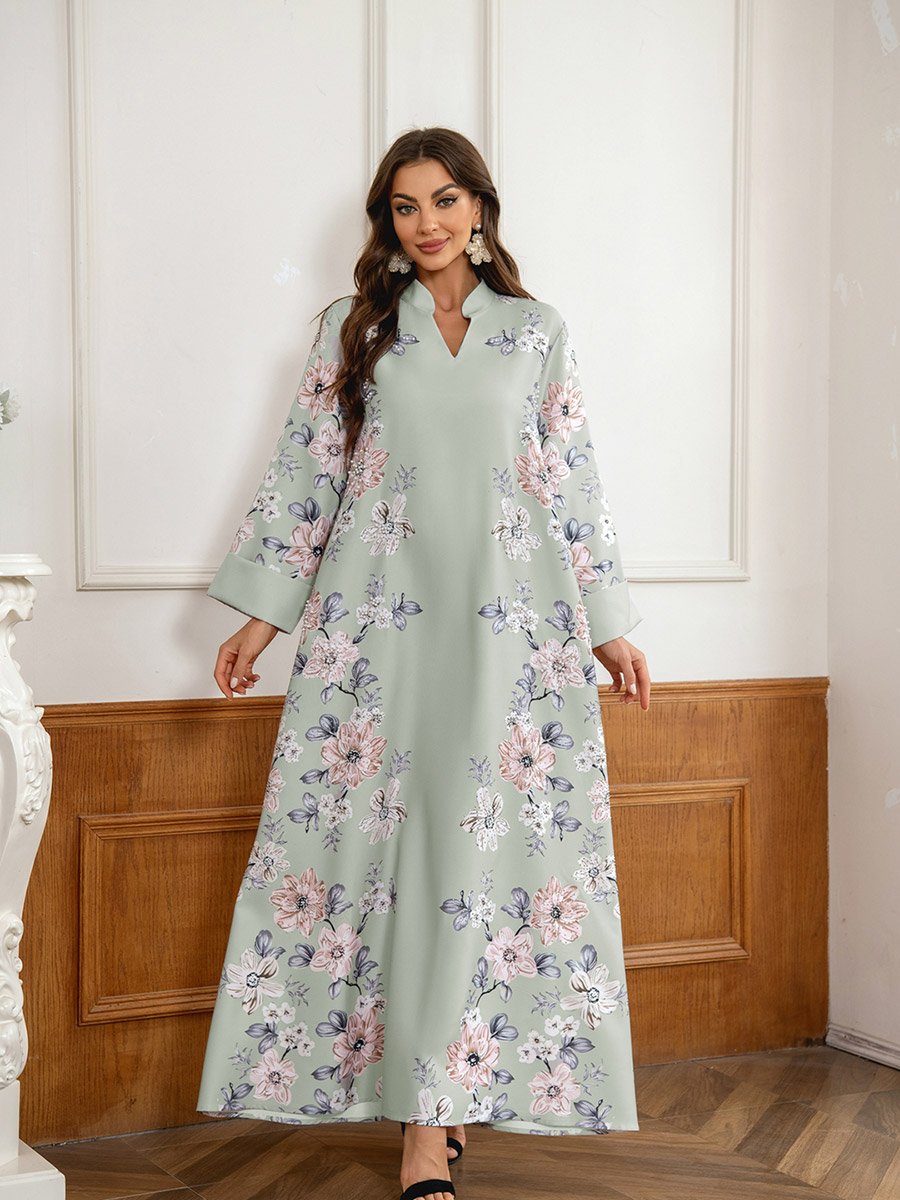 Floral Print Embellished Faux Pearl Detail Jalabiya