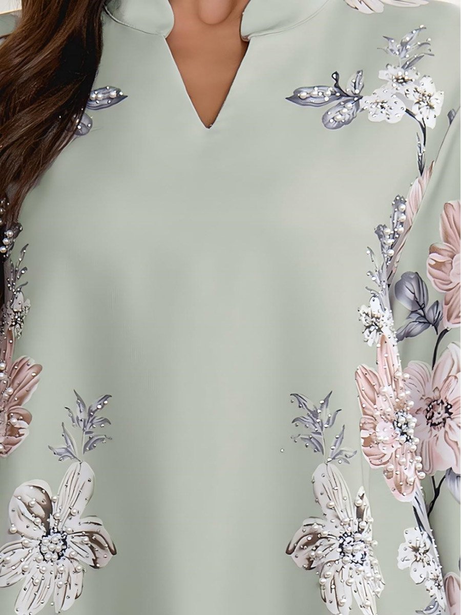 Floral Print Embellished Faux Pearl Detail Jalabiya