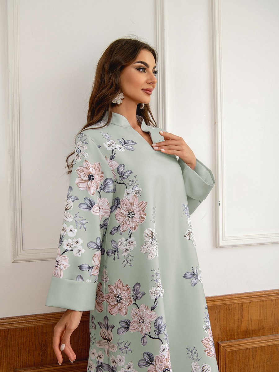 Floral Print Embellished Faux Pearl Detail Jalabiya