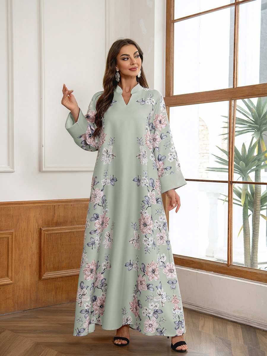 Floral Print Embellished Faux Pearl Detail Jalabiya