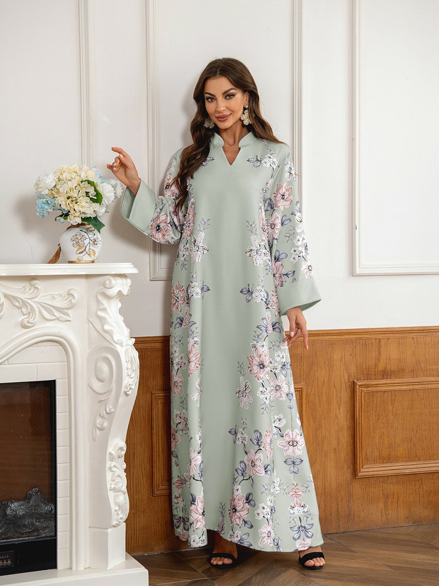Floral Print Embellished Faux Pearl Detail Jalabiya