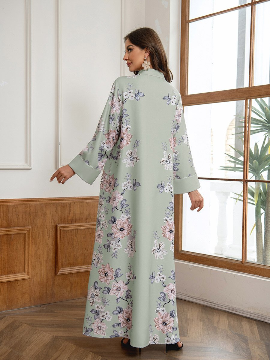 Floral Print Embellished Faux Pearl Detail Jalabiya