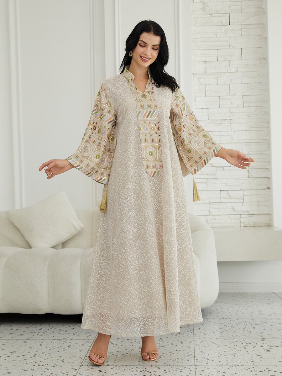 Beige Textured Sequin Patch A-Line Jalabiya