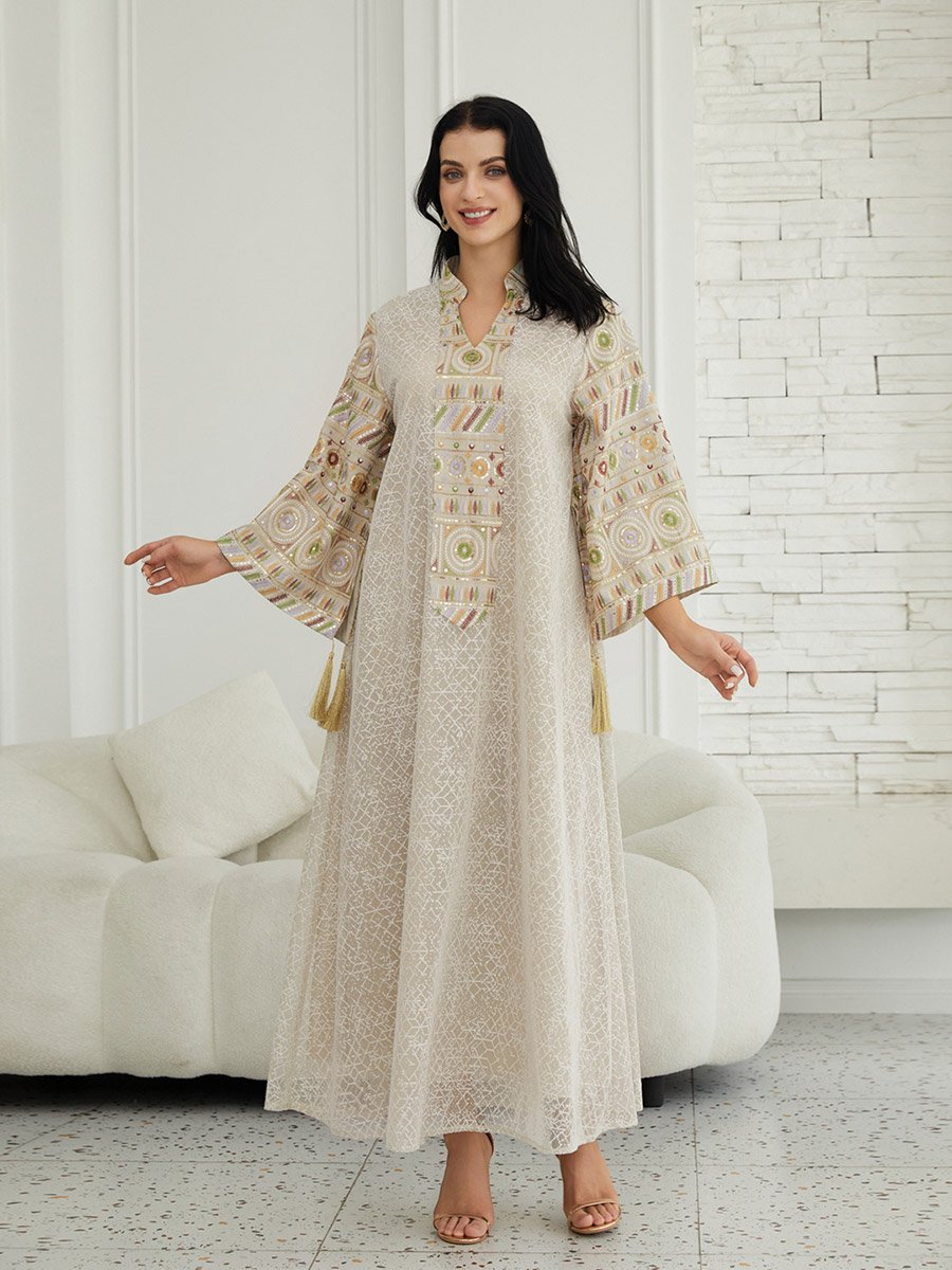 Beige Textured Sequin Patch A-Line Jalabiya