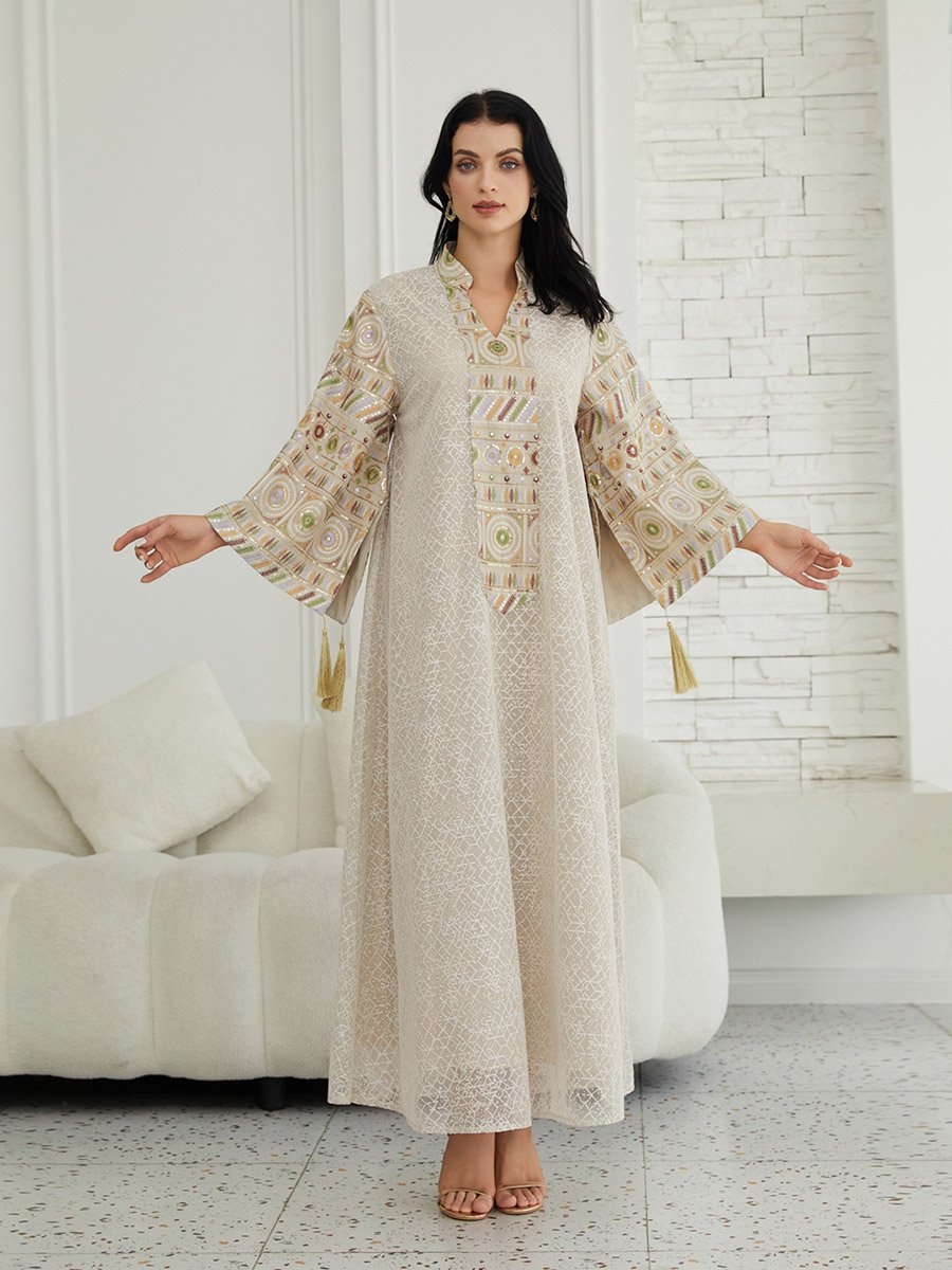 Beige Textured Sequin Patch A-Line Jalabiya