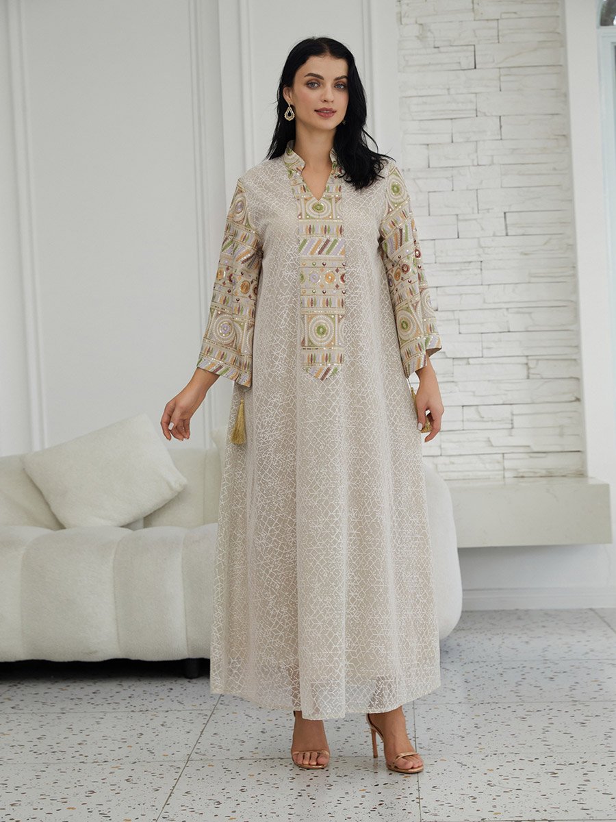 Beige Textured Sequin Patch A-Line Jalabiya