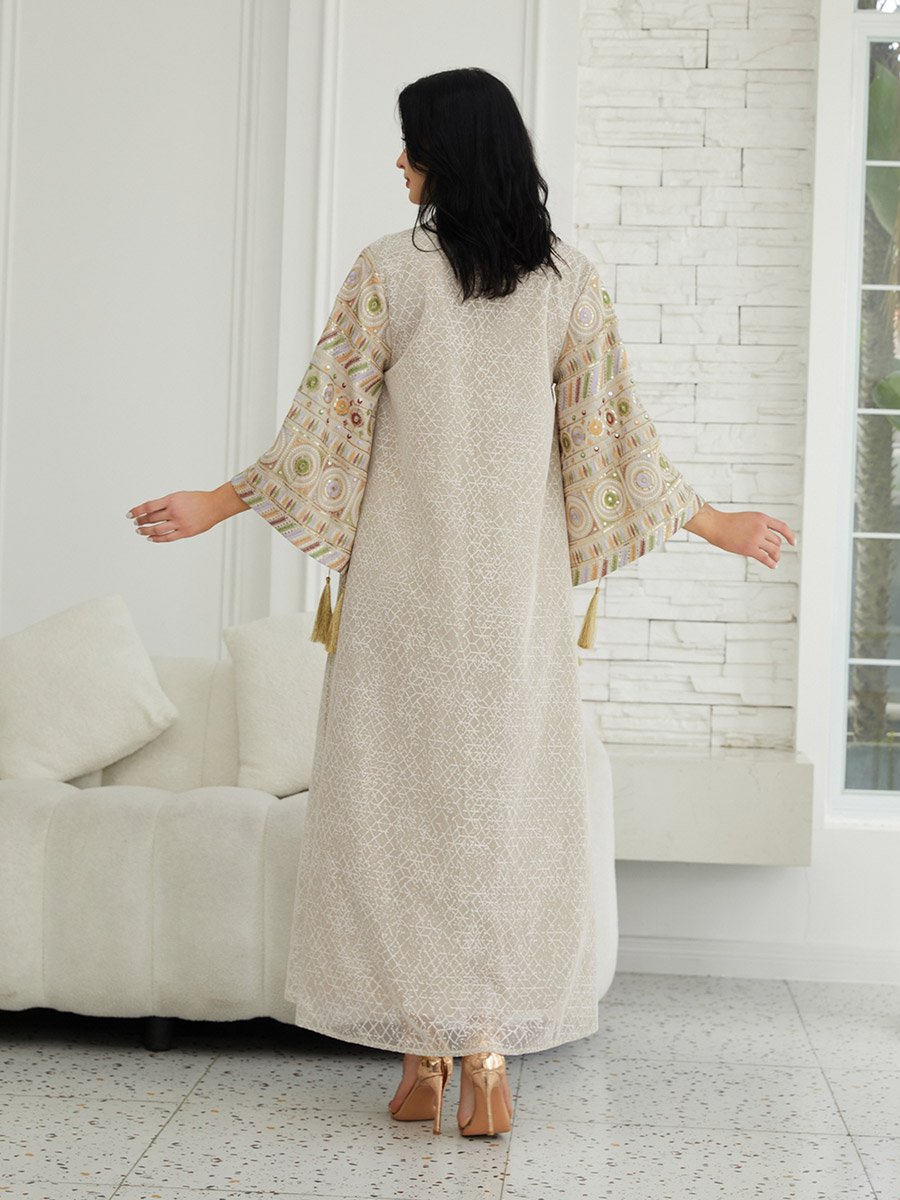 Beige Textured Sequin Patch A-Line Jalabiya