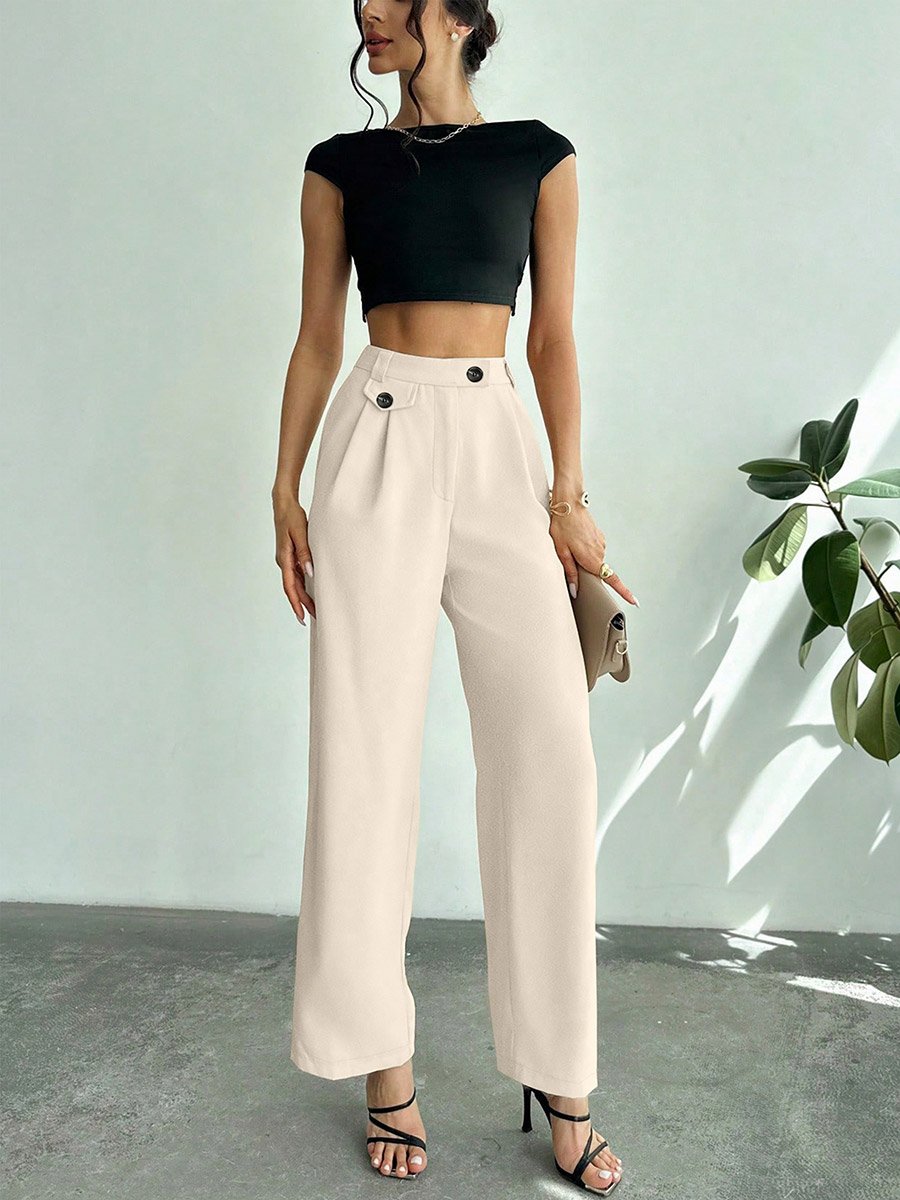 Off White Wide Leg Trousers with Button
