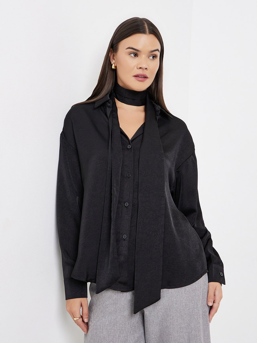 Black Satin Shirt with Neck Scarf