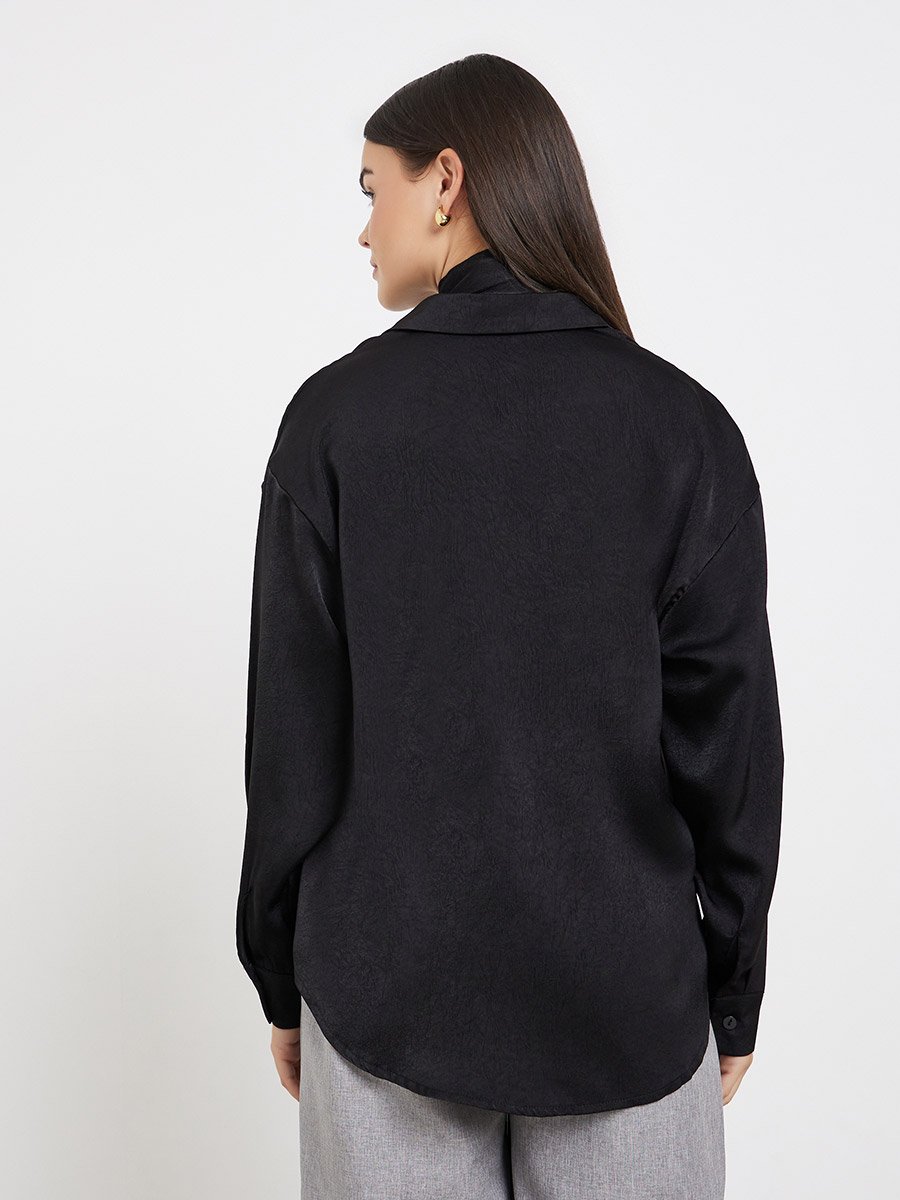 Black Satin Shirt with Neck Scarf