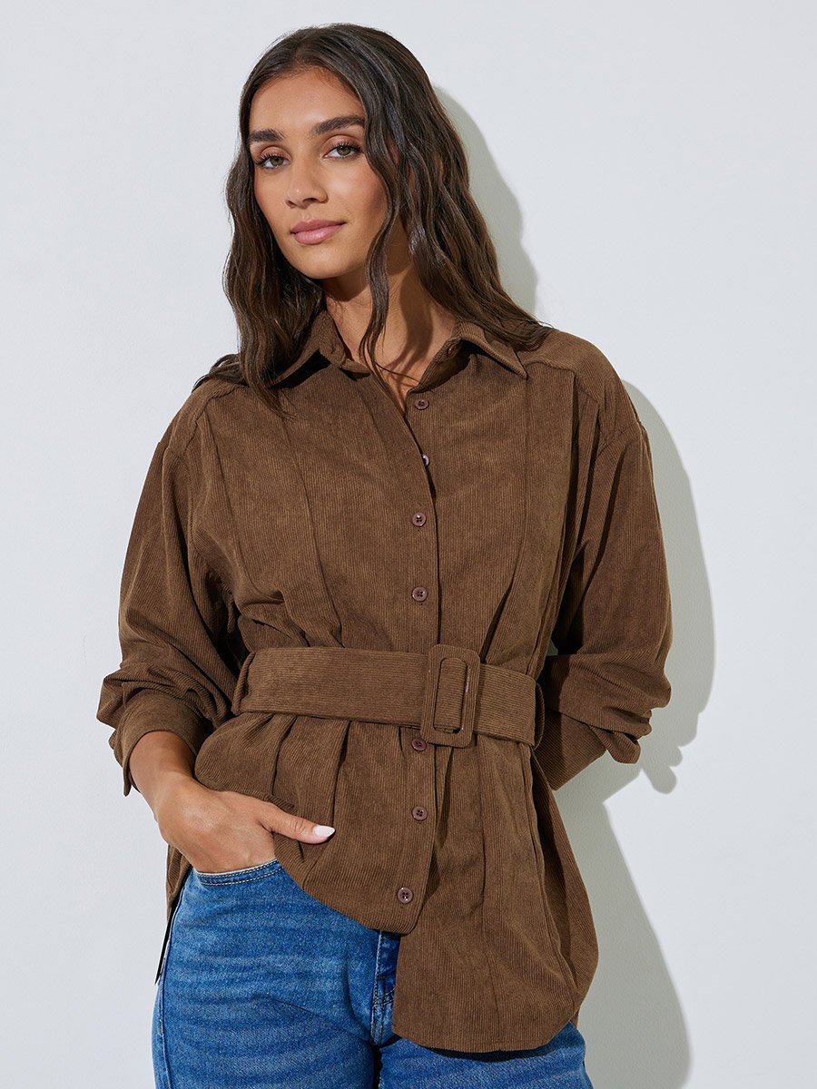 Brown Longline Corduroy Shirt with Belt