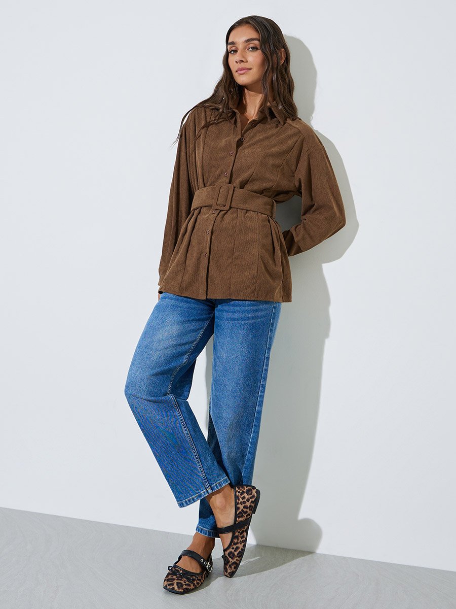 Brown Longline Corduroy Shirt with Belt