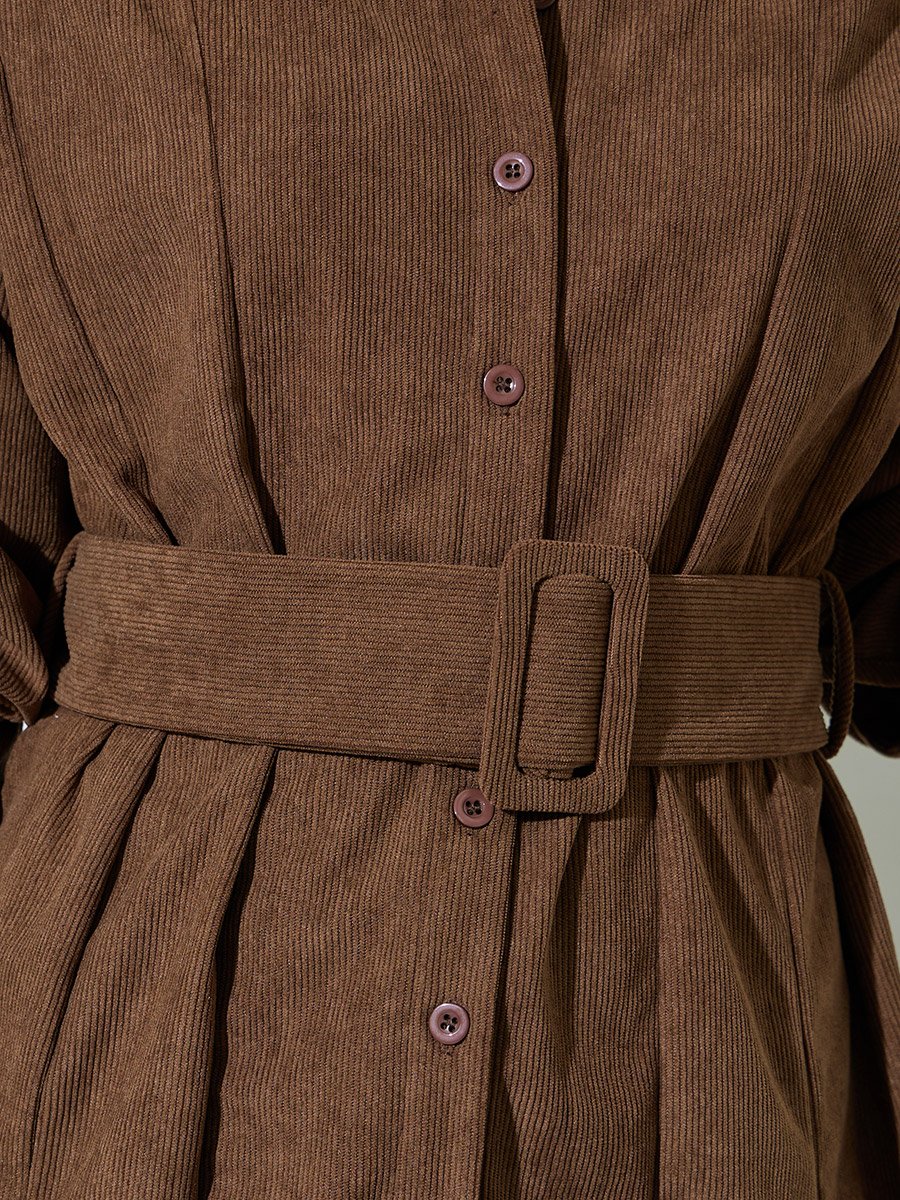 Brown Longline Corduroy Shirt with Belt