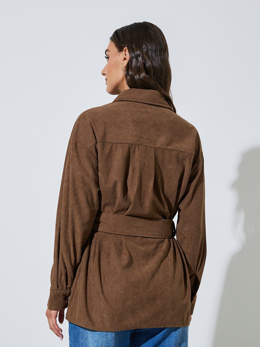 Brown Longline Corduroy Shirt with Belt