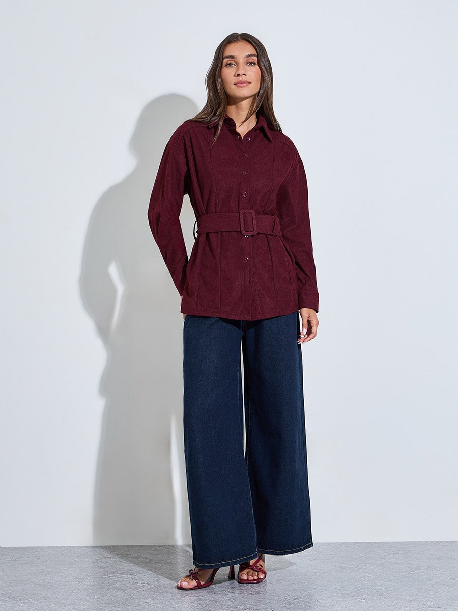 Burgundy Longline Corduroy Shirt with Belt