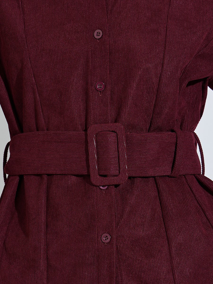 Burgundy Longline Corduroy Shirt with Belt