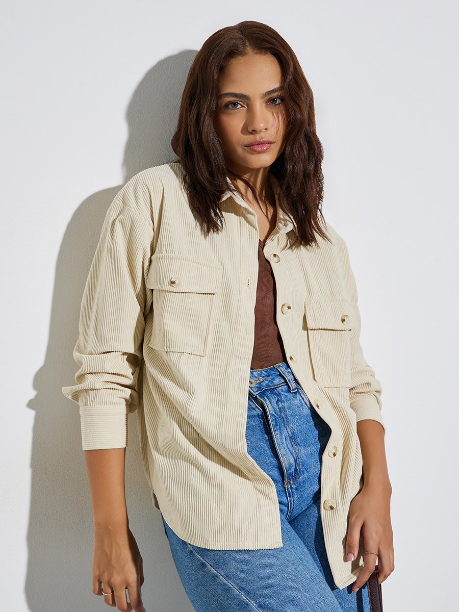 Oversized Corduroy Shirt with Flap Pockets