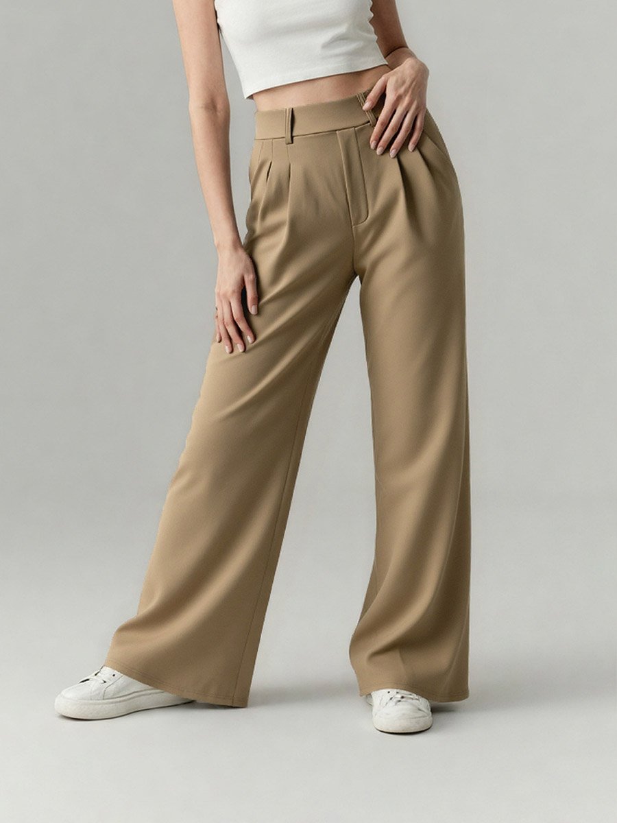 Beige Wide Leg Trousers with Belt Loops
