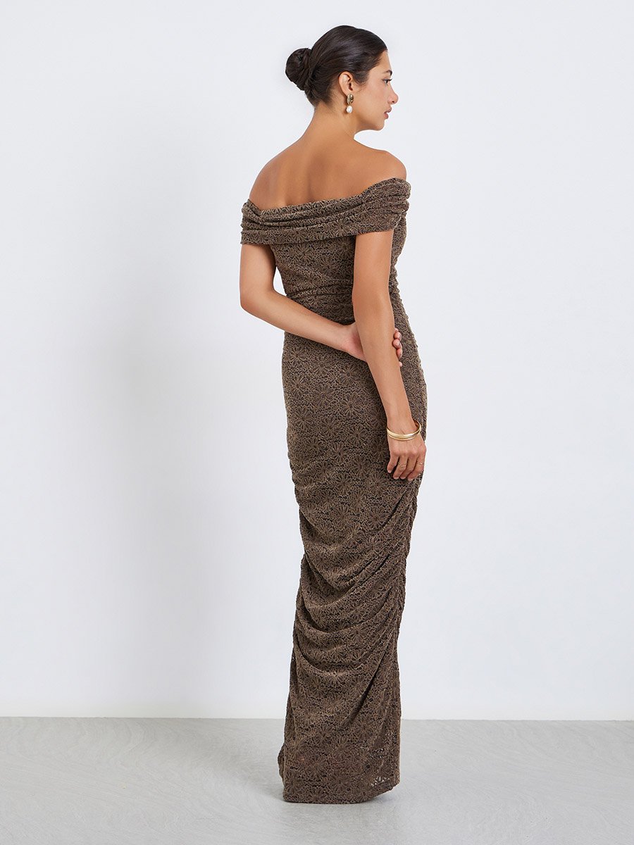 Women Brown Off Shoulder Bodycon Midi Dress For Women at Saudi | Styli Women Brown Off Shoulder Bodycon Midi Dress For Women at Saudi | Styli