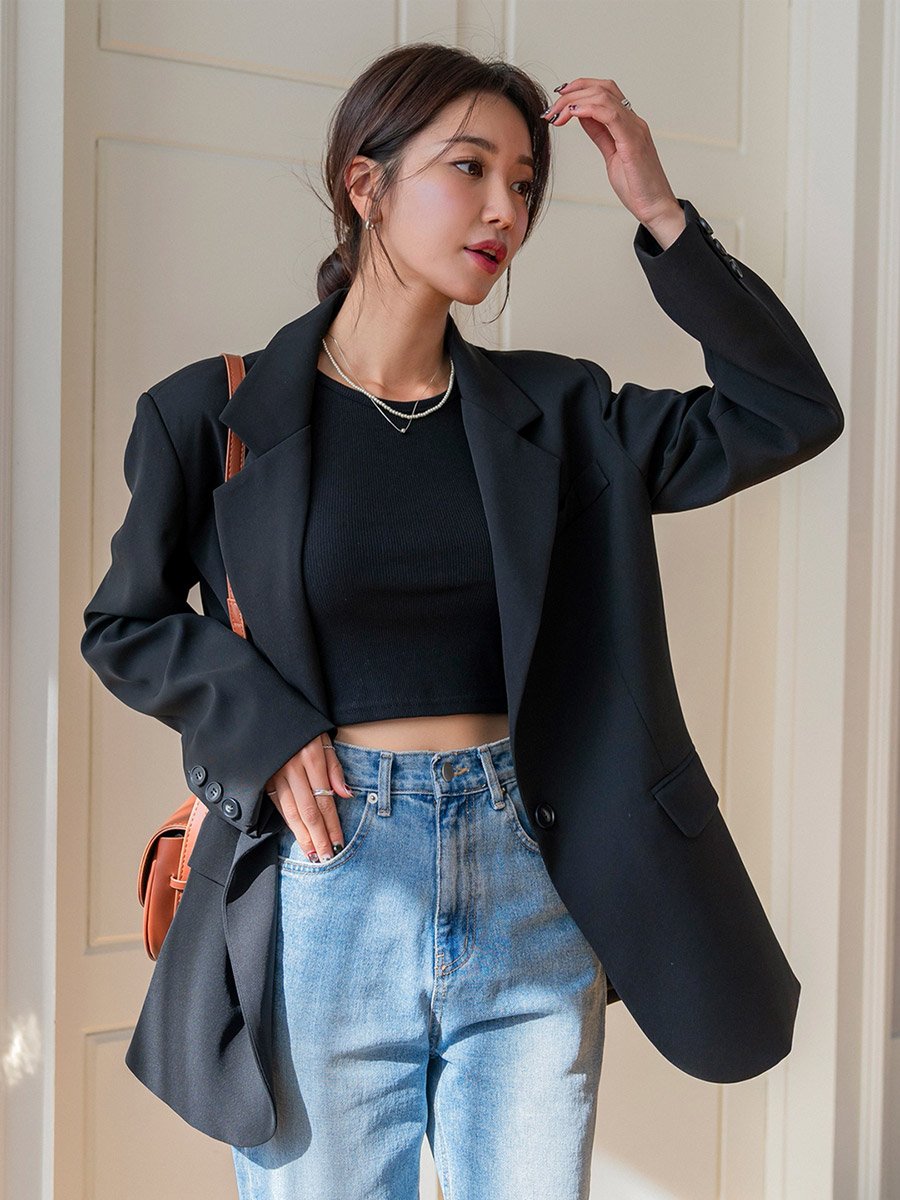 Black Buttoned Blazer with Back Split Detail