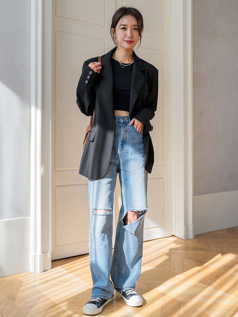 Black Buttoned Blazer with Back Split Detail