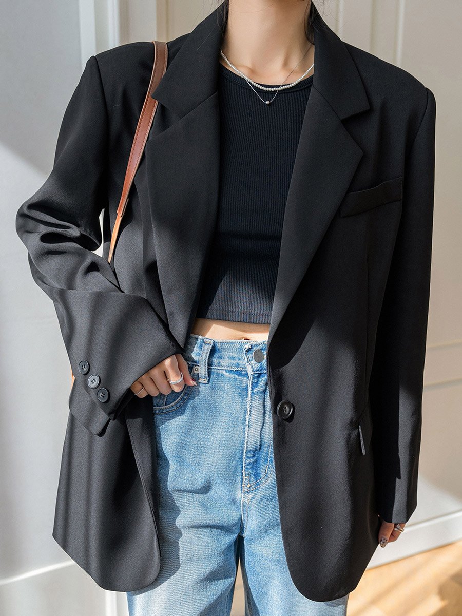 Black Buttoned Blazer with Back Split Detail