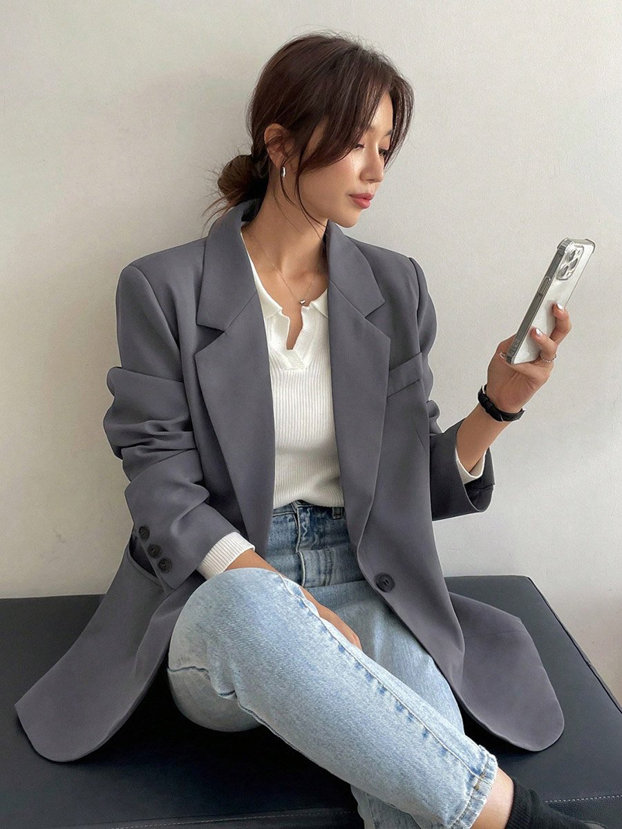 Grey Buttoned Blazer with Back Split Detail