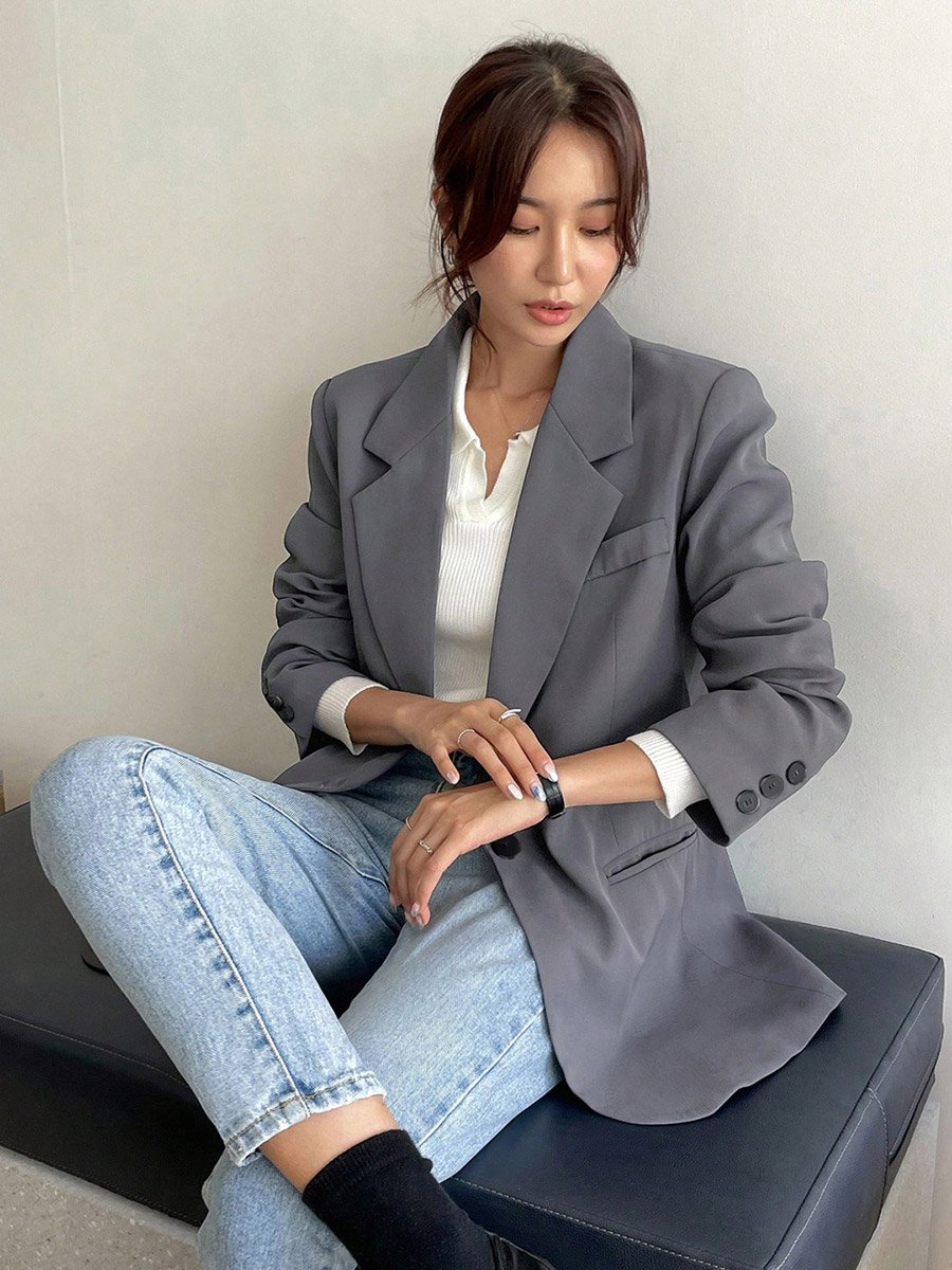 Grey Buttoned Blazer with Back Split Detail