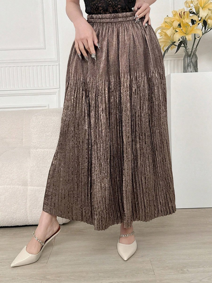 Solid Elastic Waist Pleated Detail A-Line Maxi Skirt