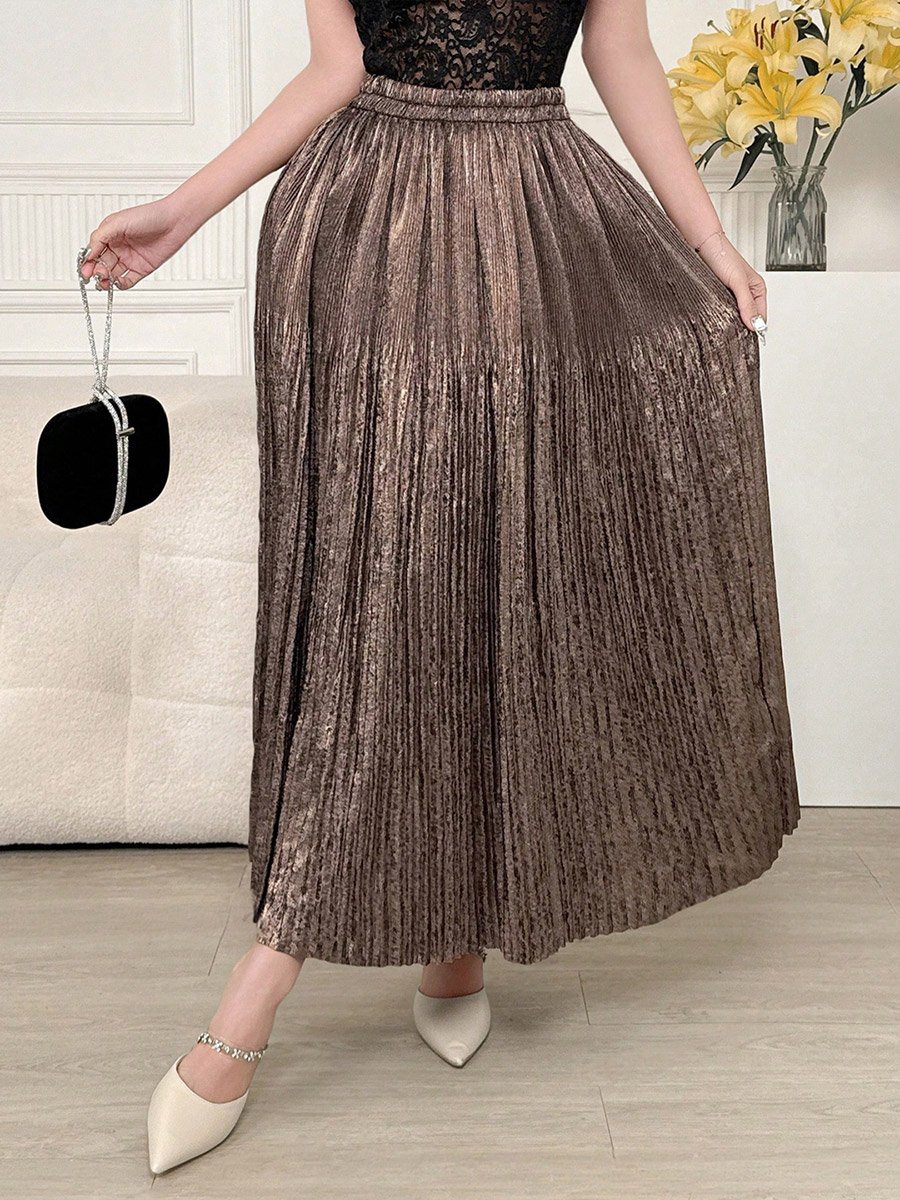 Solid Elastic Waist Pleated Detail A-Line Maxi Skirt