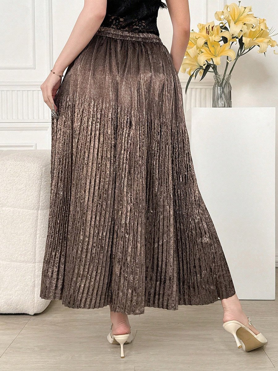 Solid Elastic Waist Pleated Detail A-Line Maxi Skirt