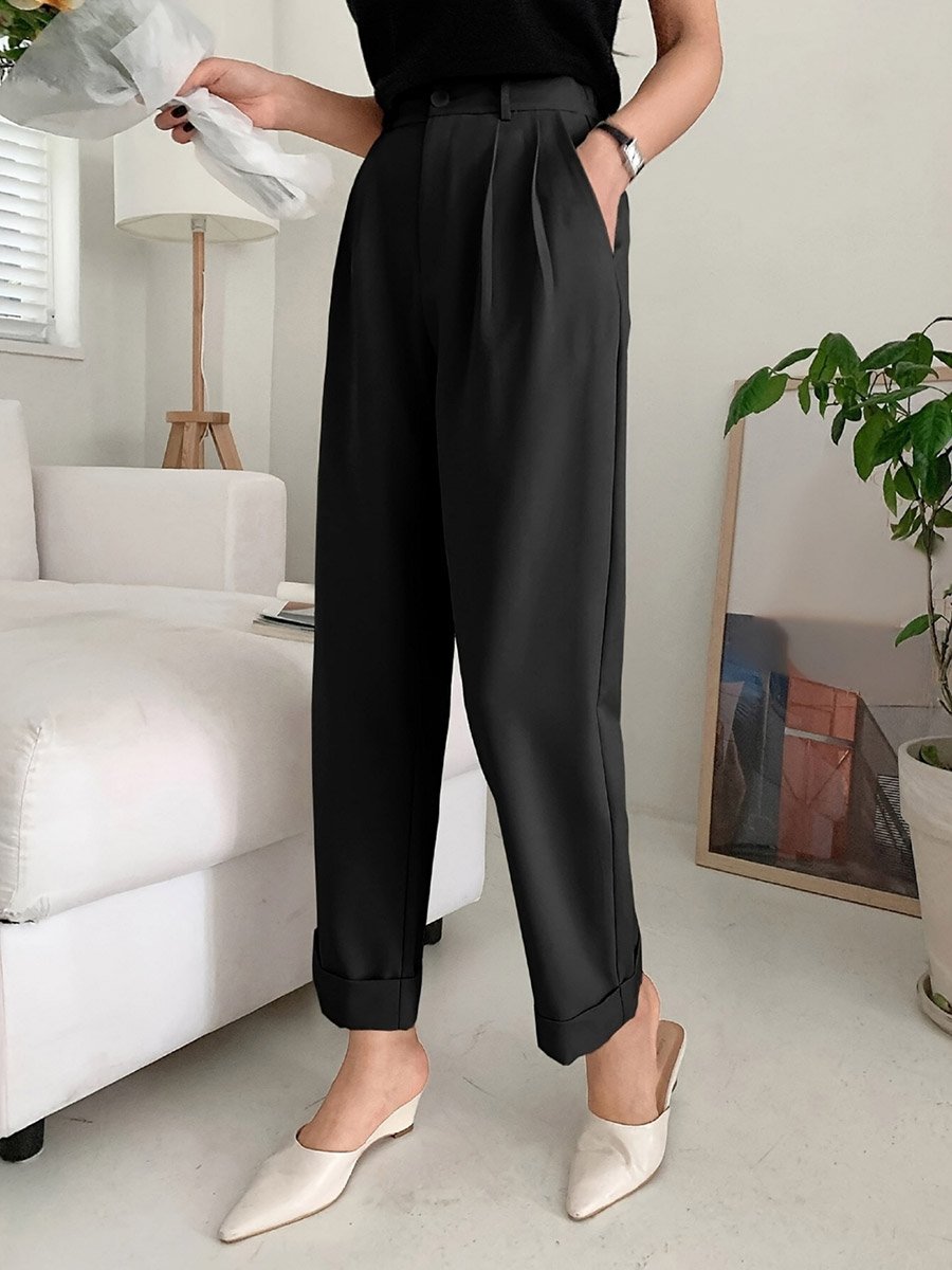Solid Pocket Detail Straight Leg Pants