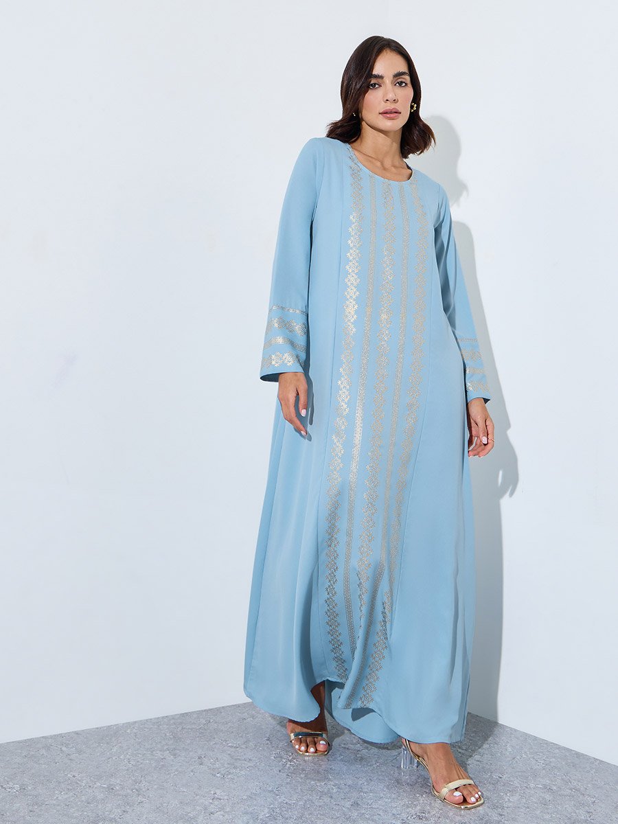 Light Blue Foil Print Long Sleeves Jalabiya