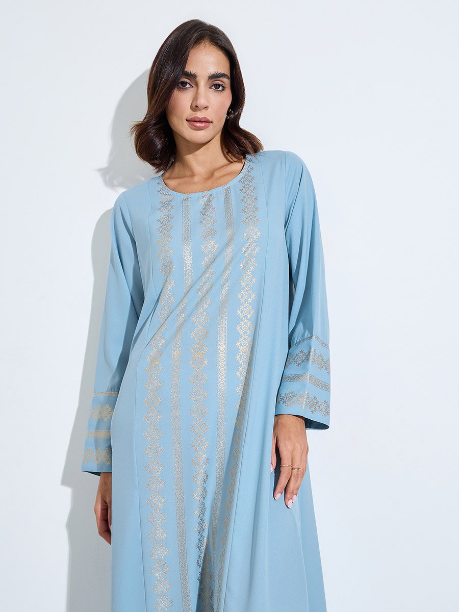 Light Blue Foil Print Long Sleeves Jalabiya