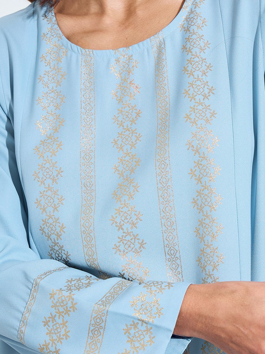 Light Blue Foil Print Long Sleeves Jalabiya
